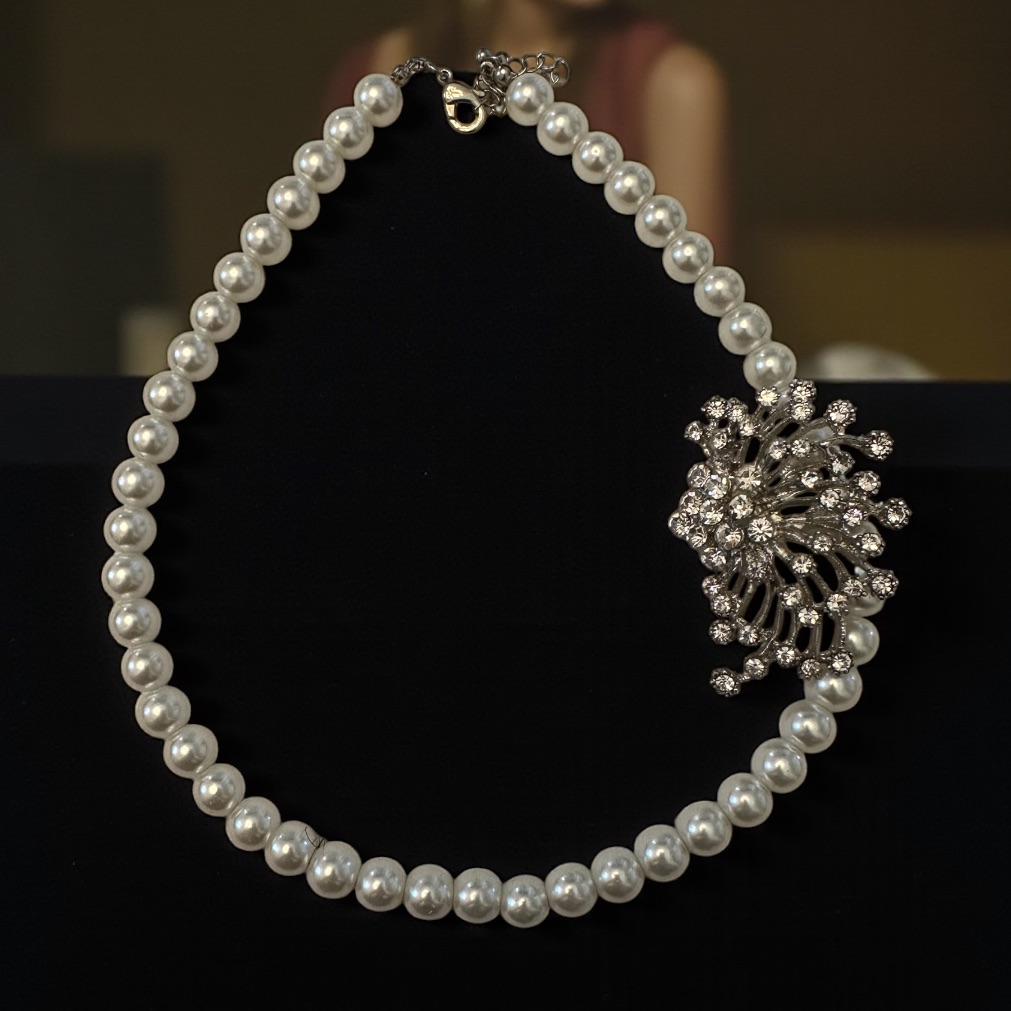 Vintage Luxury Bridal Elegant Pearl Necklace With Silver Rhinestone Necklace 48$
